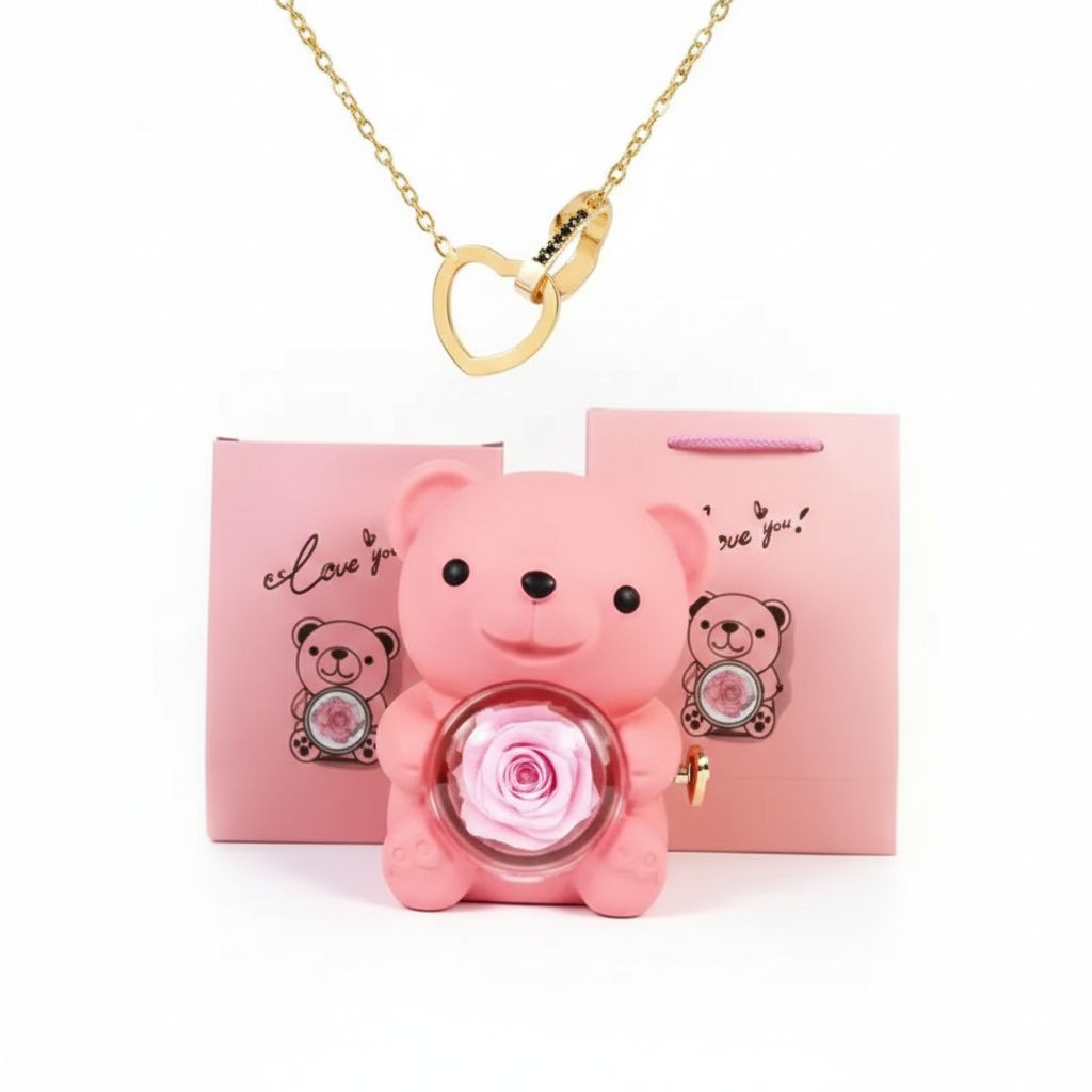 Oso Abrazo con Rosa y Collar de Corazon