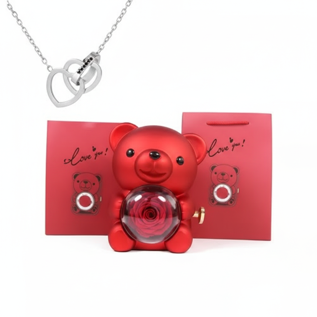 Oso Abrazo con Rosa y Collar de Corazon