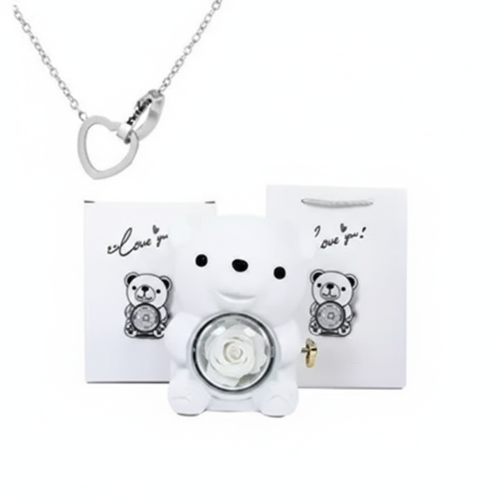 Oso Abrazo con Rosa y Collar de Corazon