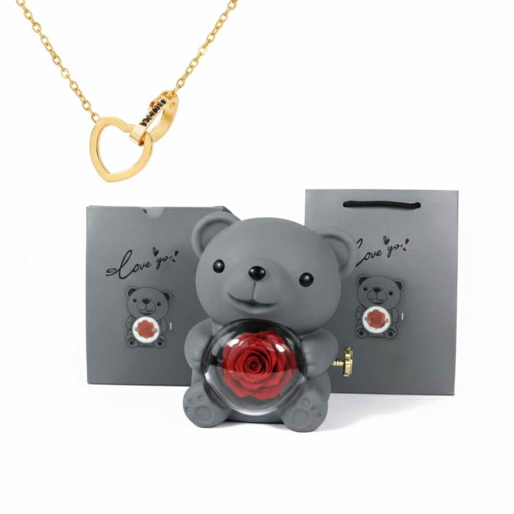 Oso Abrazo con Rosa y Collar de Corazon