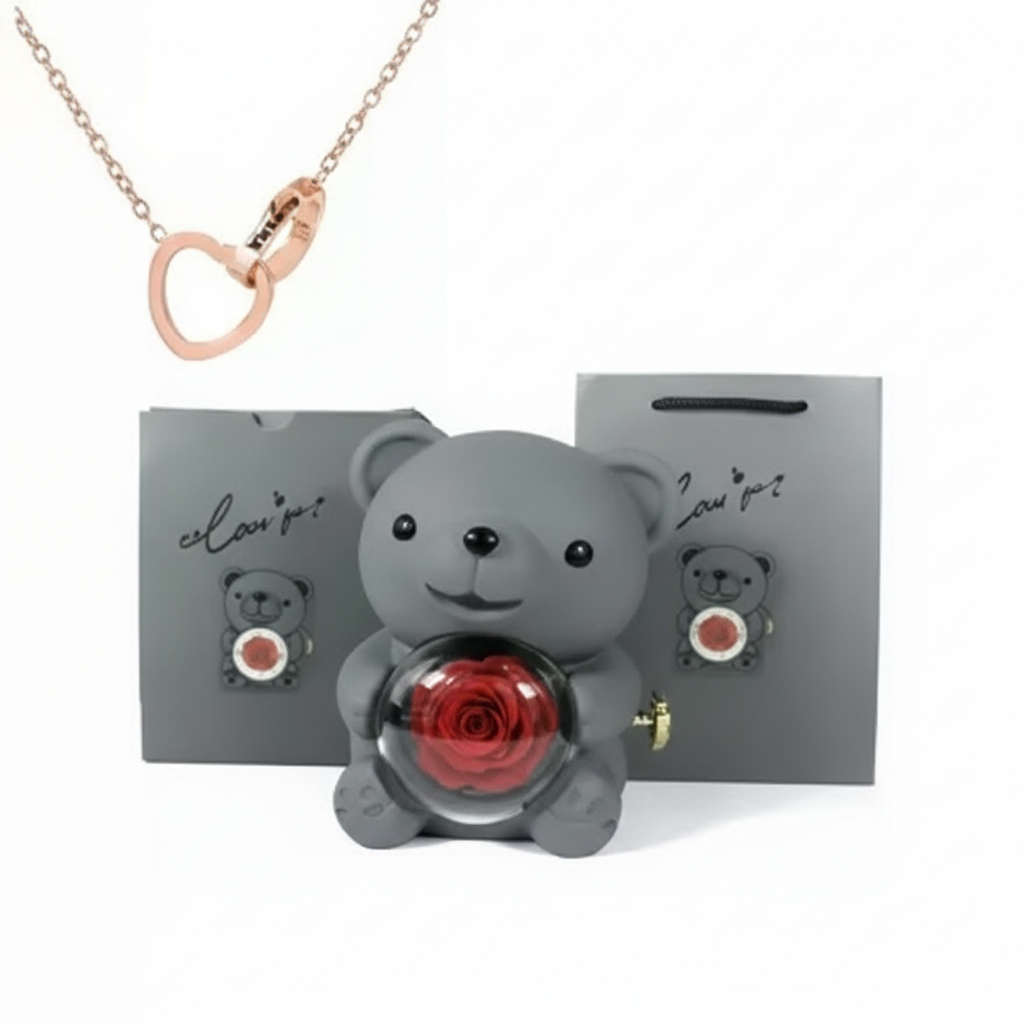 Oso Abrazo con Rosa y Collar de Corazon