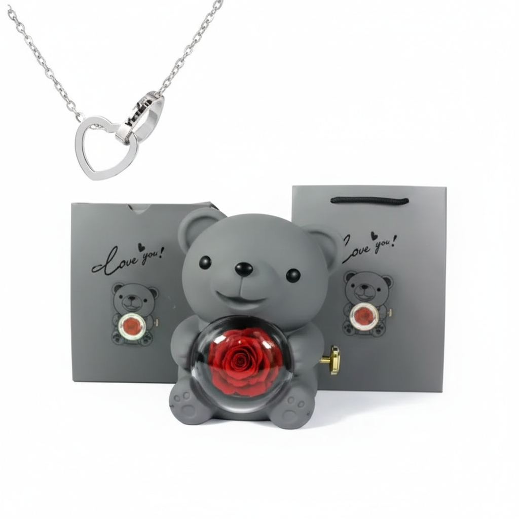 Oso Abrazo con Rosa y Collar de Corazon