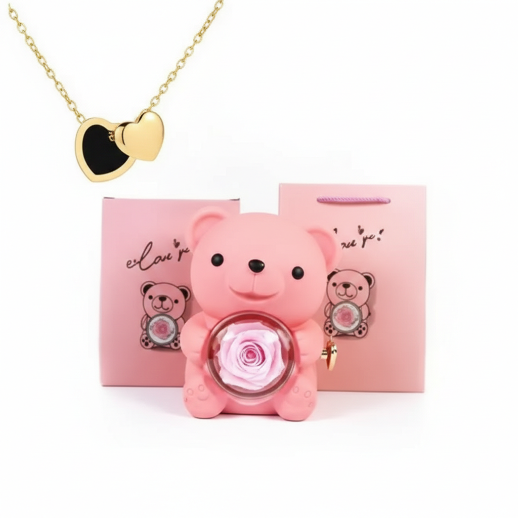 Oso Abrazo con Rosa y Collar de Corazon